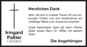 Traueranzeige von Irmgard Passler von Pegnitz-Zeitung